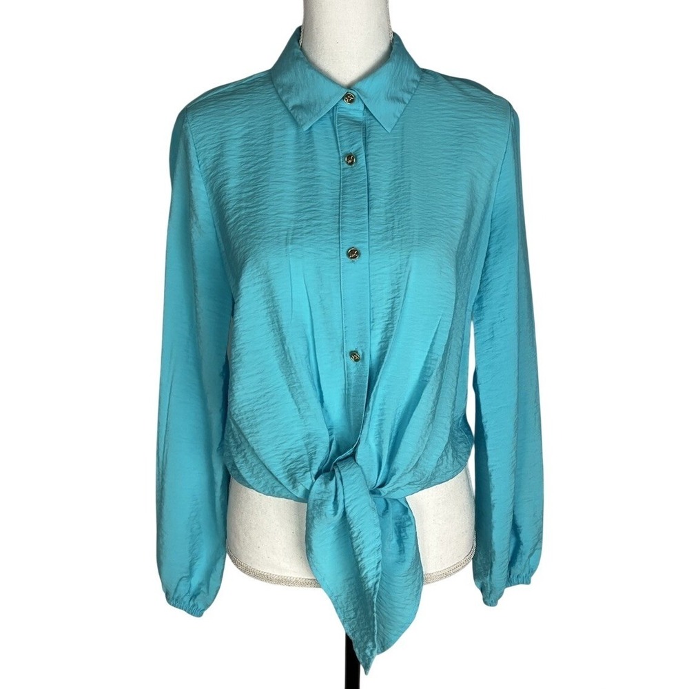 Michael Kors  Women's Size‎ M Turquoise Tie Knot Front Top Short Sleeve Blouse